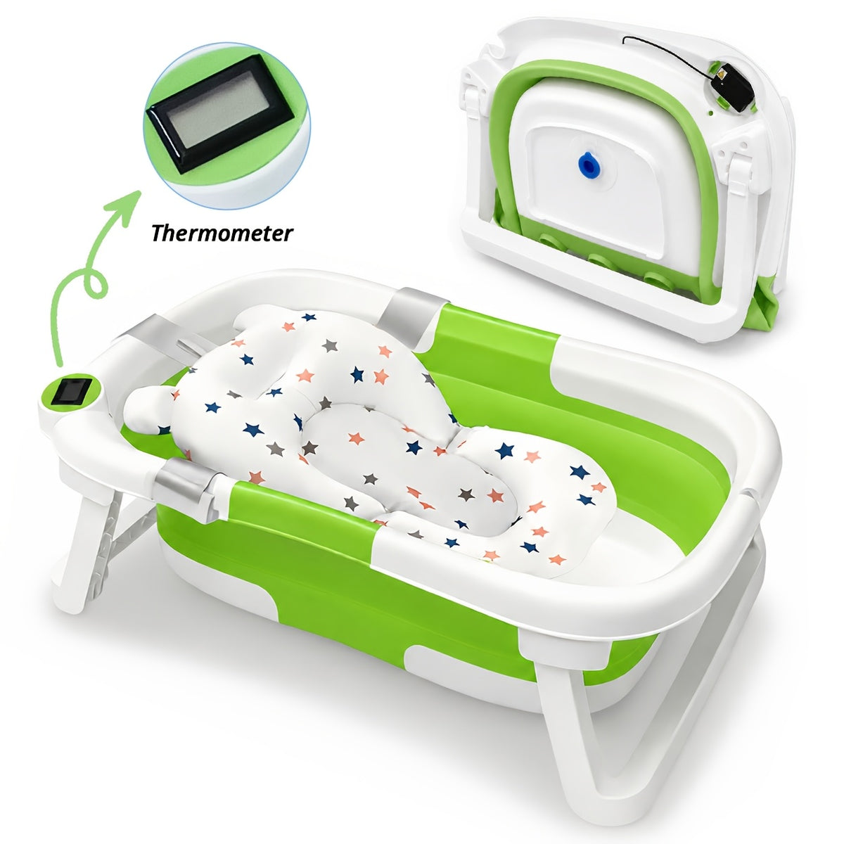 Foldable Baby Bathtub, Baby Tub with Soft Cushion and Thermometer, Portable Travel Baby Bathtub