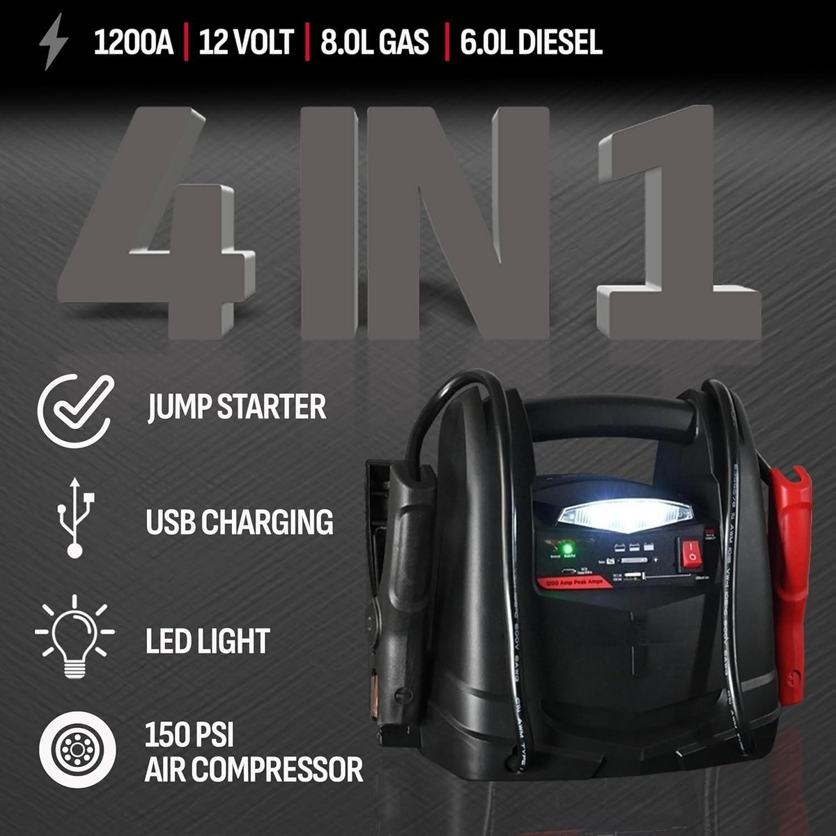 1200A Car Jump Starter and Power Station — 4-in-1 Solution, 150-PSI Air Compressor, 2.4A USB Charging: for 12V Sport, Automotive and Marine Batteries | Without Battery - product image 6