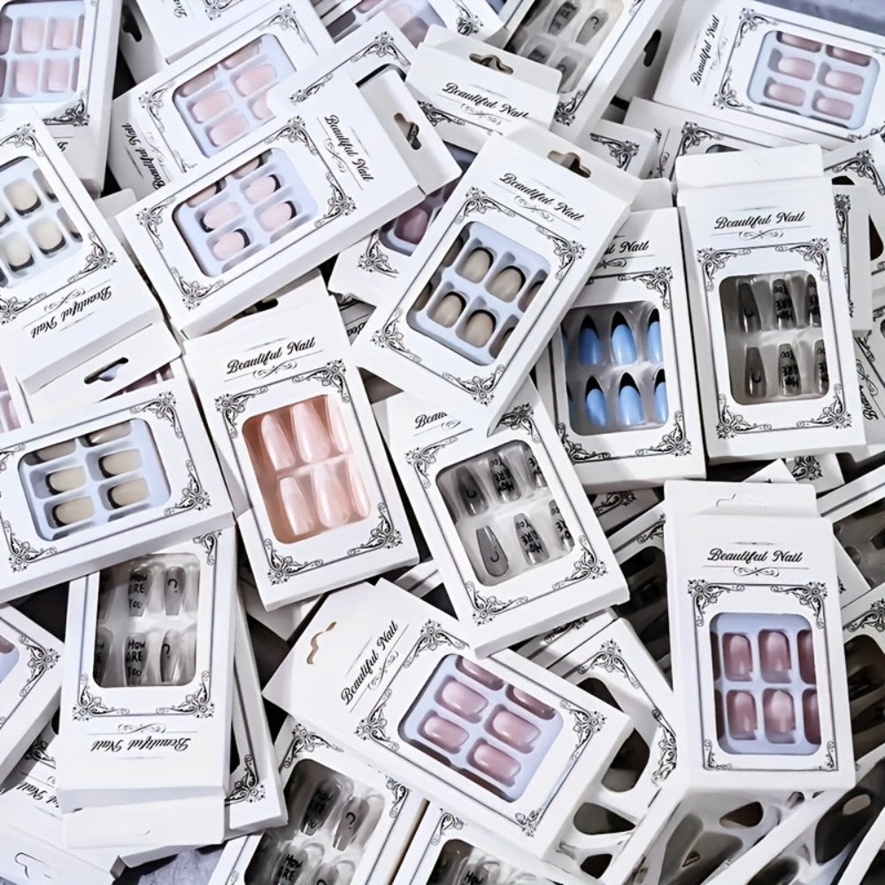 288pcs Press On Nails Mixed Color Square – White French Stripes Brown Blue Purple Gradient Glitter Heart Leaf Matte Reusable Fake Nails | Holiday Manicure Kit for Women | Valentine - product image 3