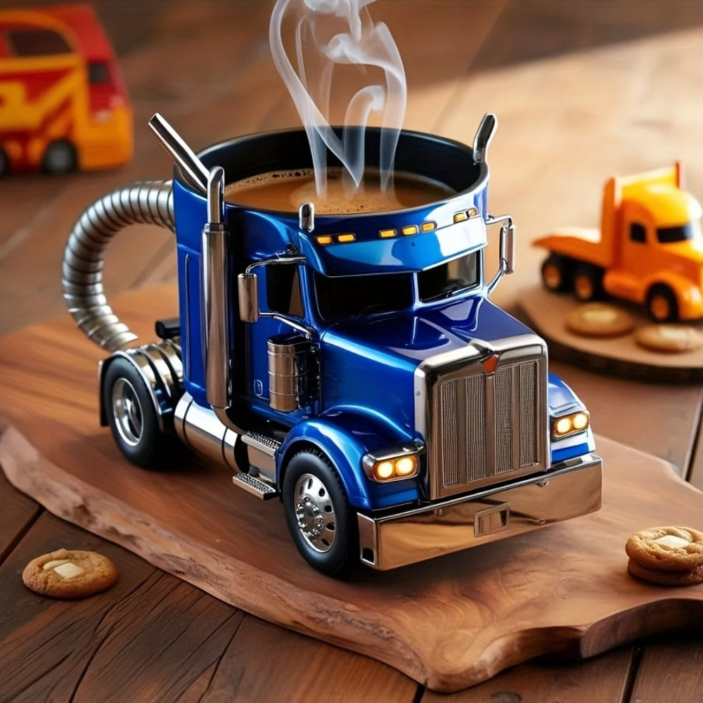 Semi Truck Coffee Mug Handmade Semi-Truck Shaped Cup – Creative Novelty Coffee Tea Mug, Unique Trucker Gift for Men, Truck Drivers & Coffee Lovers – Blue & Black - product image