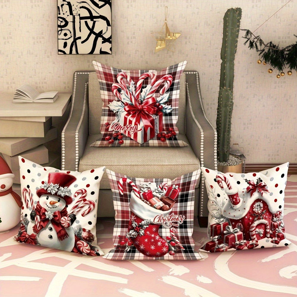 Christmas Throw Pillow Covers 4pcs Set - Snowman Candy Cane Buffalo Plaid Polyester 18x18in Decorative Cushion Covers with Zipper for Holiday Winter Living Room Bedroom Sofa Bed De - product image 2