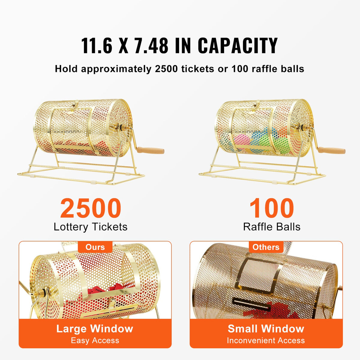 Brass Plated Metal Lottery Ticket Drum with Wooden Handle, Holds 2500 Tickets or 100 Ping Pong Balls, for Bingo Ballot Party Events Fundraisers Trade Shows – Raffle Drum Spinning Cage 12 Inch
