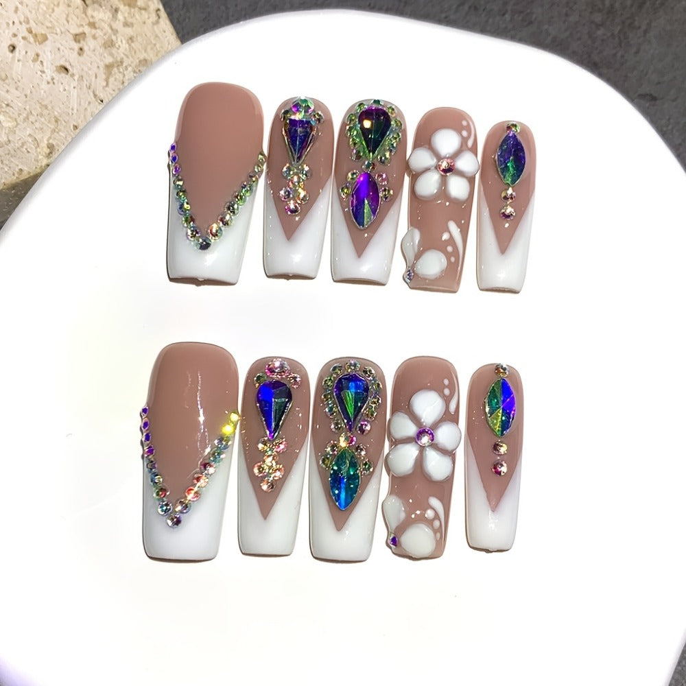 Press On Nails Square French Tip with AB Rhinestone & Handcrafted Floral Design – Nude White Glossy Luxury Nail Set 10pcs S/M/L for Wedding Bridal Party - product image 3