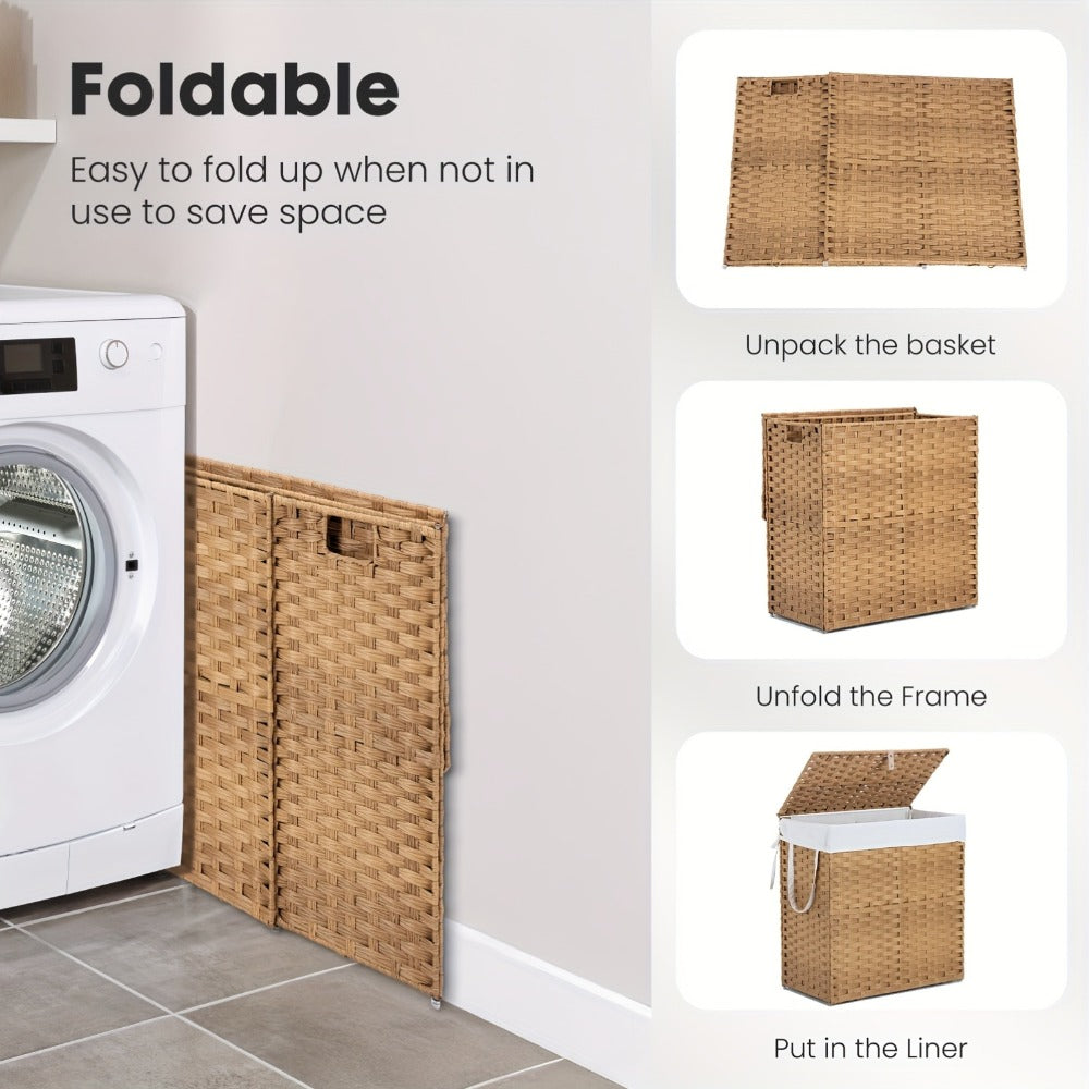 Laundry Basket with Lid - Large Foldable Rattan Hamper with Removable Washable Liner, Sturdy Steel Frame, for Bathroom Bedroom, Goose Yellow or Dove Gray - product image 7