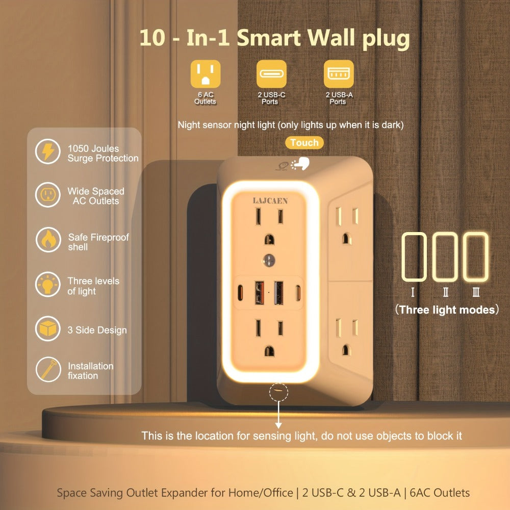 Outlet Splitter Wall Expander 10-in-1 with 6 AC Outlets 2 USB-A 2 USB-C Ports 3-Sided Plug Extender Surge Protector Night Light Compact Space-Saving Design for Home Dorm Apartment  - product image 2