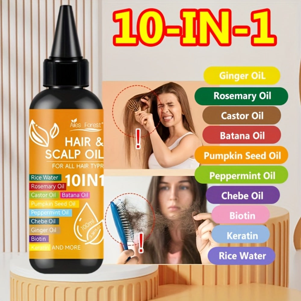 Rosemary Hair Growth Oil 10-in-1 with Batana, Rice Water, Biotin & Keratin — Moisturizing Anti-Frizz Smoothing Hair Treatment Oil for All Hair Types, 100ml / 3.38oz - product image