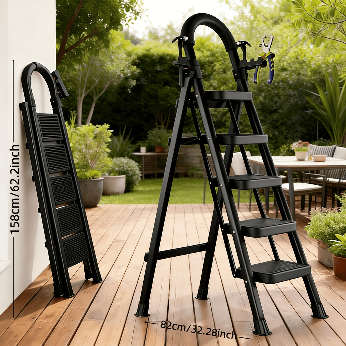 500lbs Load-bearing Folding Ladder | Heavy-duty Steel Step Stool with Anti-slip Wide Treads, Handrails, Safety Lock Design, Black and Red Color Scheme - product image 12