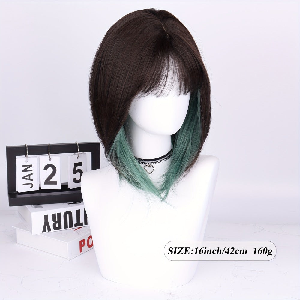 Ombre Synthetic Bob Wig with Bangs 150% Density 16 Inch Short Straight Rose Net Cap | Brown Black Wine Red Pink Green | Halloween Cosplay Party Music Festival - product image 6