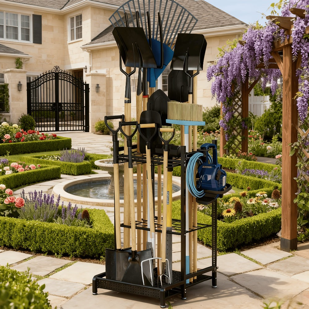 Garden Tool Organizer for Garage – Metal Yard Tool Storage Rack with Hooks & Wheels for Long-Handled Tools, Broom, Shovel, Rake, Mop – Heavy Duty Freestanding Tool Stand Holder, Bl - product image 6