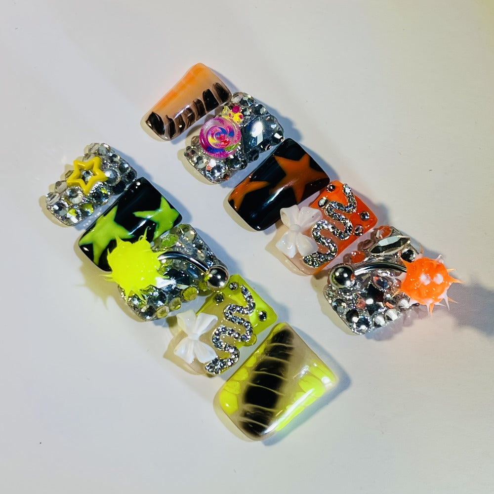 Y2K Duckbill Press On Nails Handmade 3D Charm – Nightmare Eye Barbell Rhinestone Strobe Gradient Star False Nails for Women Girls | Edgy Festival Party Nail Art | S M L Sizes Pink  - product image 17