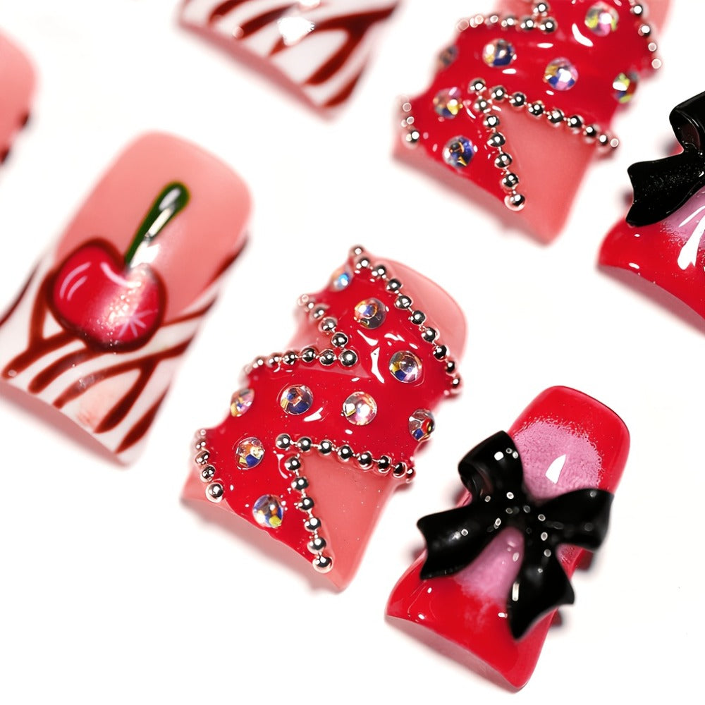 Short Duckbill Press On Nails 3D Red Lips Skull Cherry Bow Rhinestone – Zebra Stripe Polka Dot Sweet Cool Acrylic Nail Art Set for Party, Date Night & Daily Wear, 10pcs S/M/L with  - product image 10