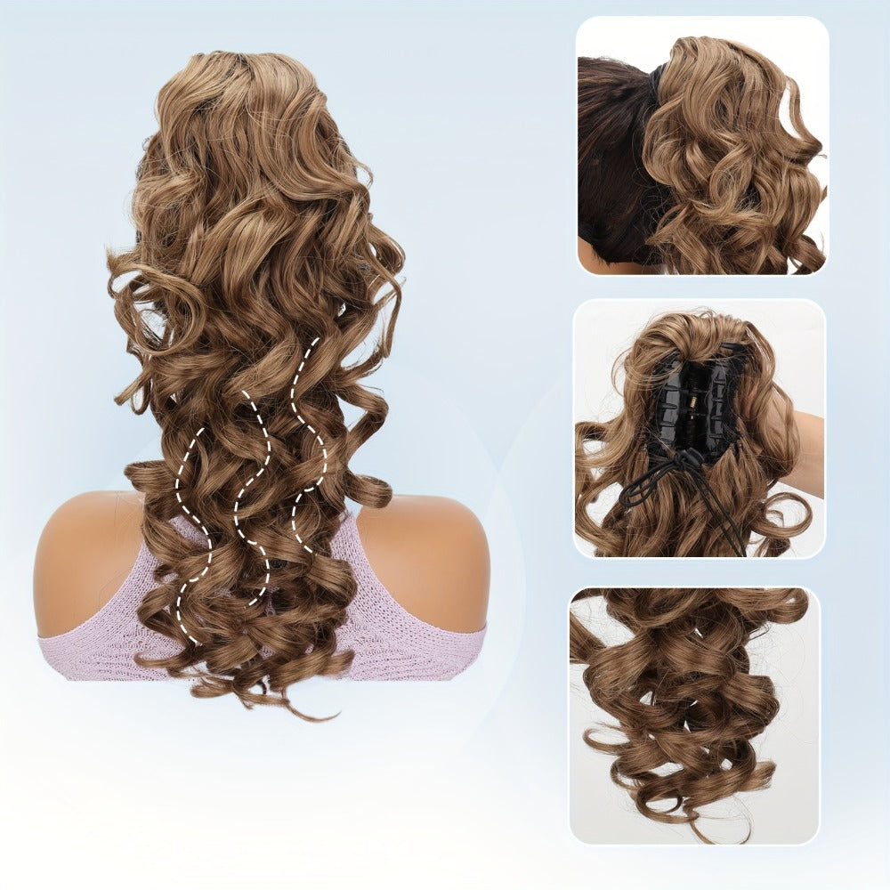 Scroll Curl Claw Clip Ponytail Extension Gradient Color 16 Inch | Synthetic Heat Resistant Hairpiece 5 Colors Linen Brown Golden Grey for Women Daily Wear & Special Occasions - product image 3