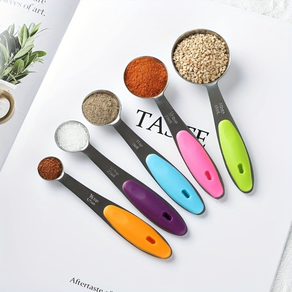 Stainless Steel Measuring Cups and Spoons Set 5pcs with Silicone Handle - Baking & Cooking Kitchen Measurement Tools - product image