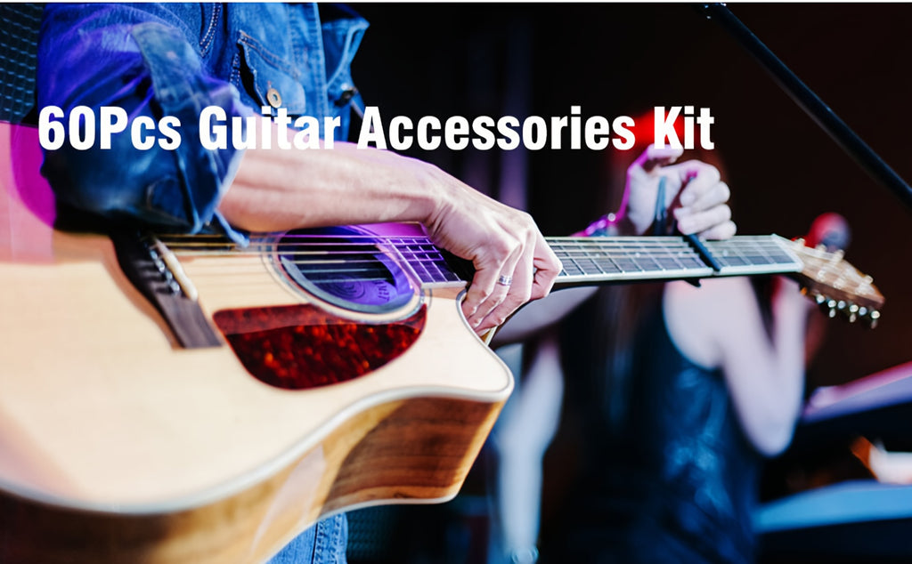 60pcs Acoustic Guitar Accessories Kit Including Guitar Strings, Tuner, Capo, 3-in-1 Restring Tool, Pick Holder, Bridge Pins, Nuts & Saddles, Finger Protector, Finger Picks, Fretboard Stickers