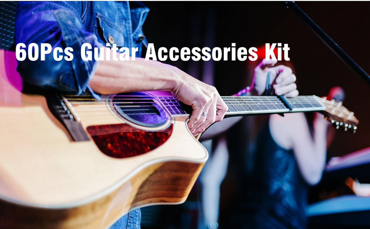 60pcs Acoustic Guitar Accessories Kit Including Guitar Strings, Tuner, Capo, 3-in-1 Restring Tool, Pick Holder, Bridge Pins, Nuts & Saddles, Finger Protector, Finger Picks, Fretboard Stickers