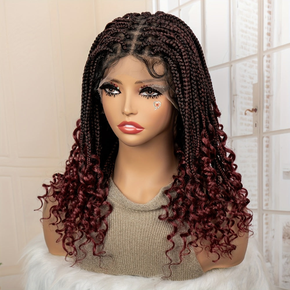 Goddess Braided Wig Knotless Bohemian Square Braid Full Lace Curly Wave 14-16 Inch Black Burgundy Brown Natural Hairline Protective Style Synthetic Wig for Women - product image 11