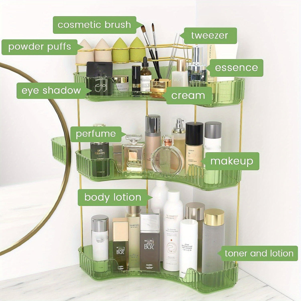 Bathroom Corner Shelf Organizer 2-in-1 Tiered Makeup Skincare Storage with Brush Holder No-Tool Install Space-Saving Countertop Vanity Dresser Kitchen Organizer Women - product image 14