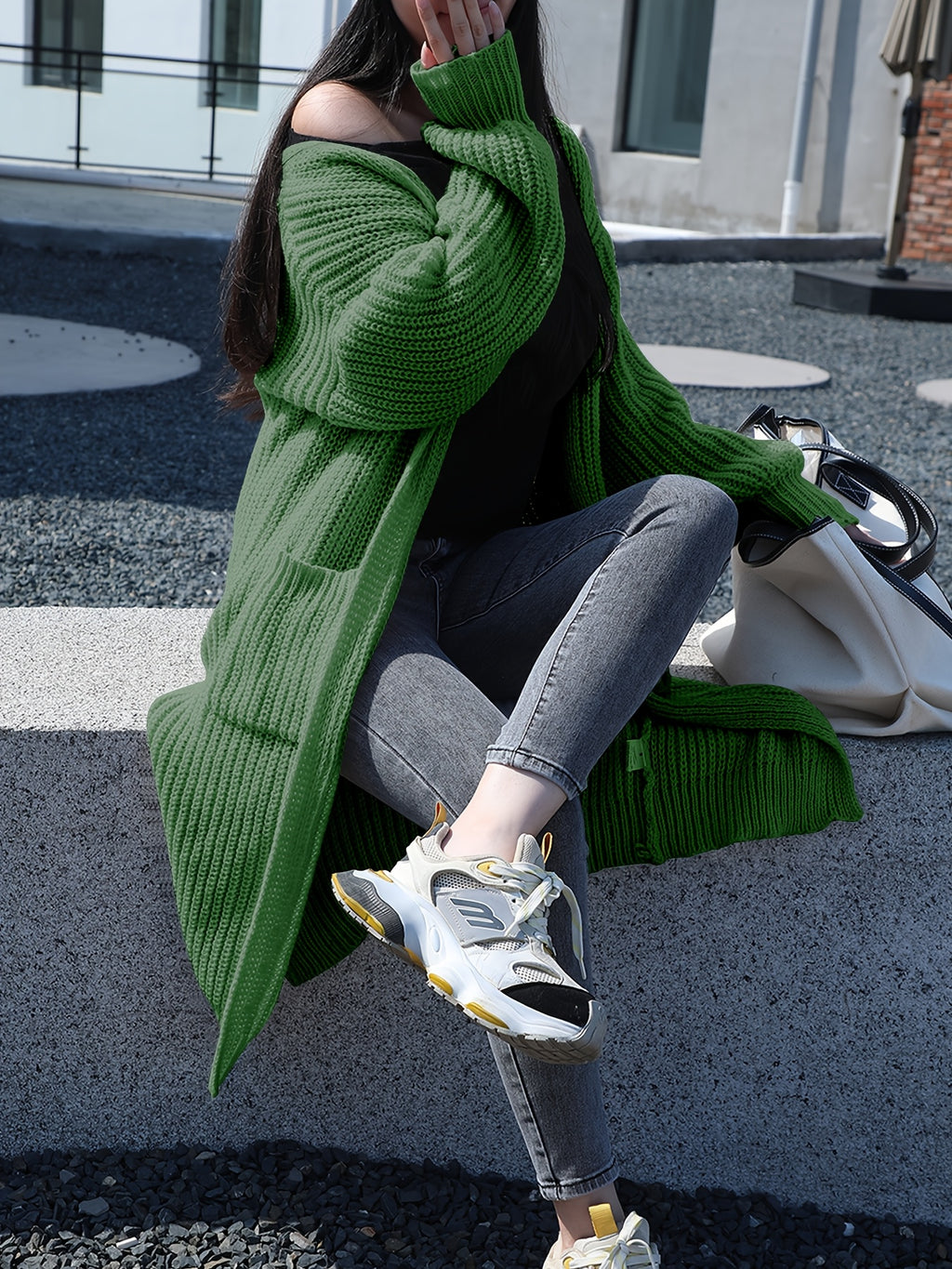 Plus Size, Solid Color Plus-Size Women's Long Pocket Cardigan Loose Over-the-Knee Sweater Coat Fashion Versatile Outerwear - product image 32