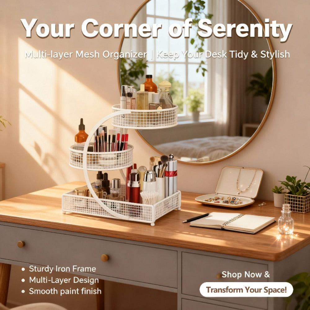 3-Tier Metal Makeup Organizer with Round Baskets Anti-Rust Vanity Storage Rack with Tissue Holder Space Saving Cosmetic Organizer Gift for Women - product image 4