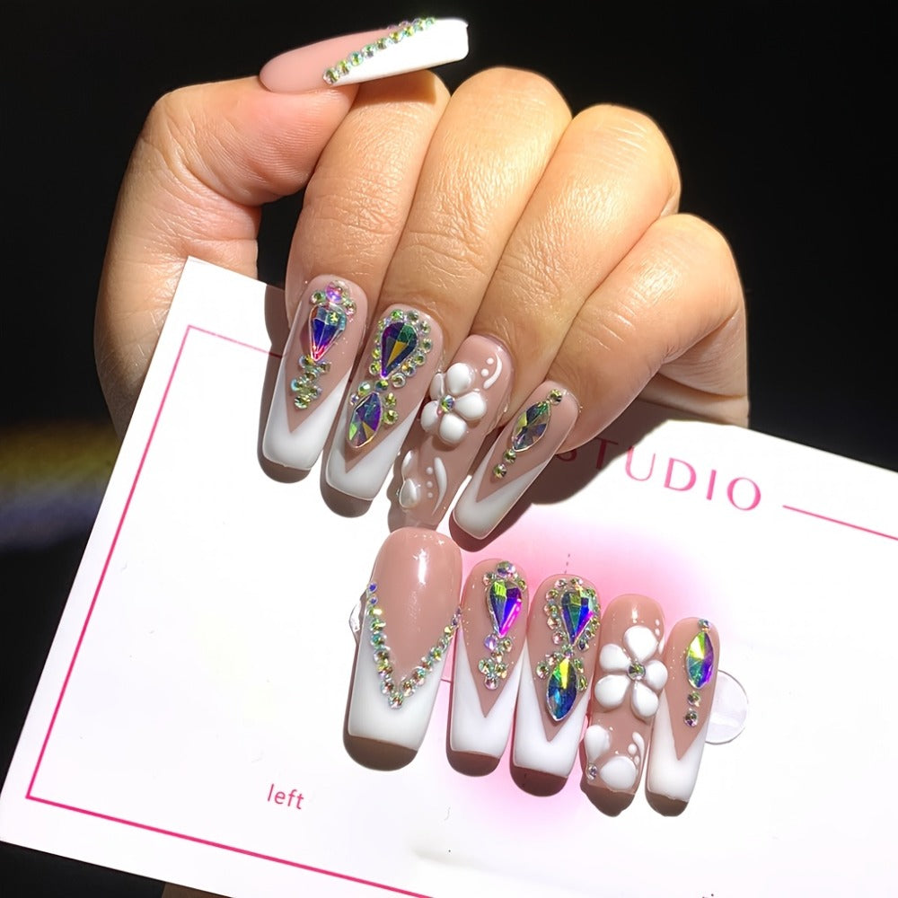 Press On Nails Square French Tip with AB Rhinestone & Handcrafted Floral Design – Nude White Glossy Luxury Nail Set 10pcs S/M/L for Wedding Bridal Party - product image 2