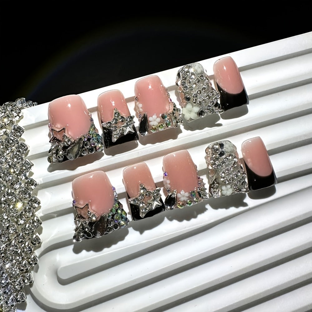 Short Press On Nails Black French Tip 10pcs Duckbill Silvery Snake Full Diamond Shiny Stars Handmade Reusable UV Protected Salon Quality for Wedding Party Birthday Gift False Nails - product image 3