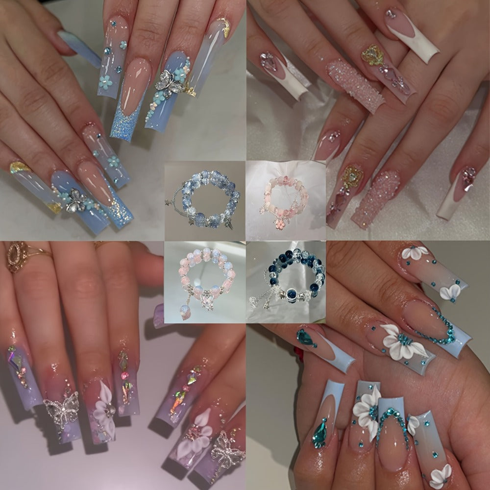 Long Ballerina Press On Nails 96 Pieces 4 Packs + 4 Bracelets Gift Set – Blue Gradient 3D Flower Butterfly Rhinestone Glossy Full Cover False Nails & Beaded Bangles for Women Girls - product image