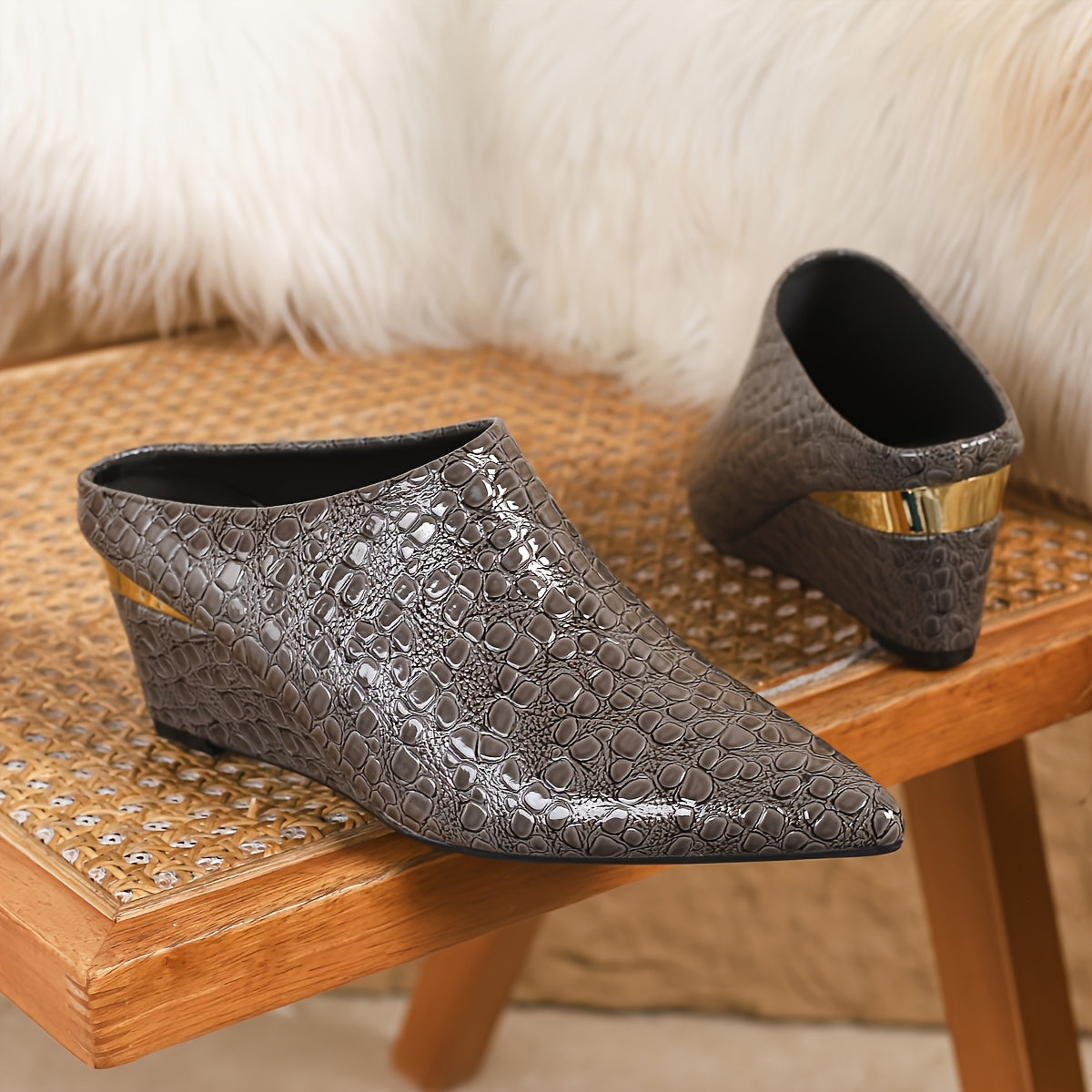 1 Pair Of Wedge , Stone Pattern, Blue And Green Wedge Shoes, Large Size Simple, One Foot Pedal, Pointed Toe Deep Mouth, Four Seasons Shoes, European And American Style, Goddess Shoes, Versatile Large Size Shoes, Wedge , Women'S Shoes