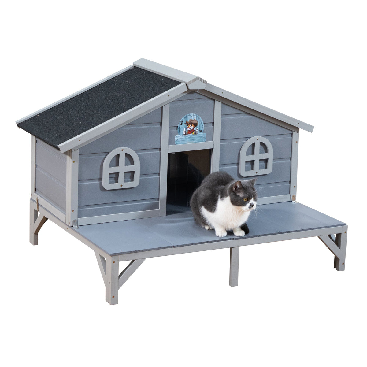 Large Indoor Outdoor Catio for 1-3 Cats, Rabbits & Small Animals, Grey – Outdoor Cat House Wooden Weatherproof Feral Cat Shelter with Deck, Elevated Legs & 2 - product image 4