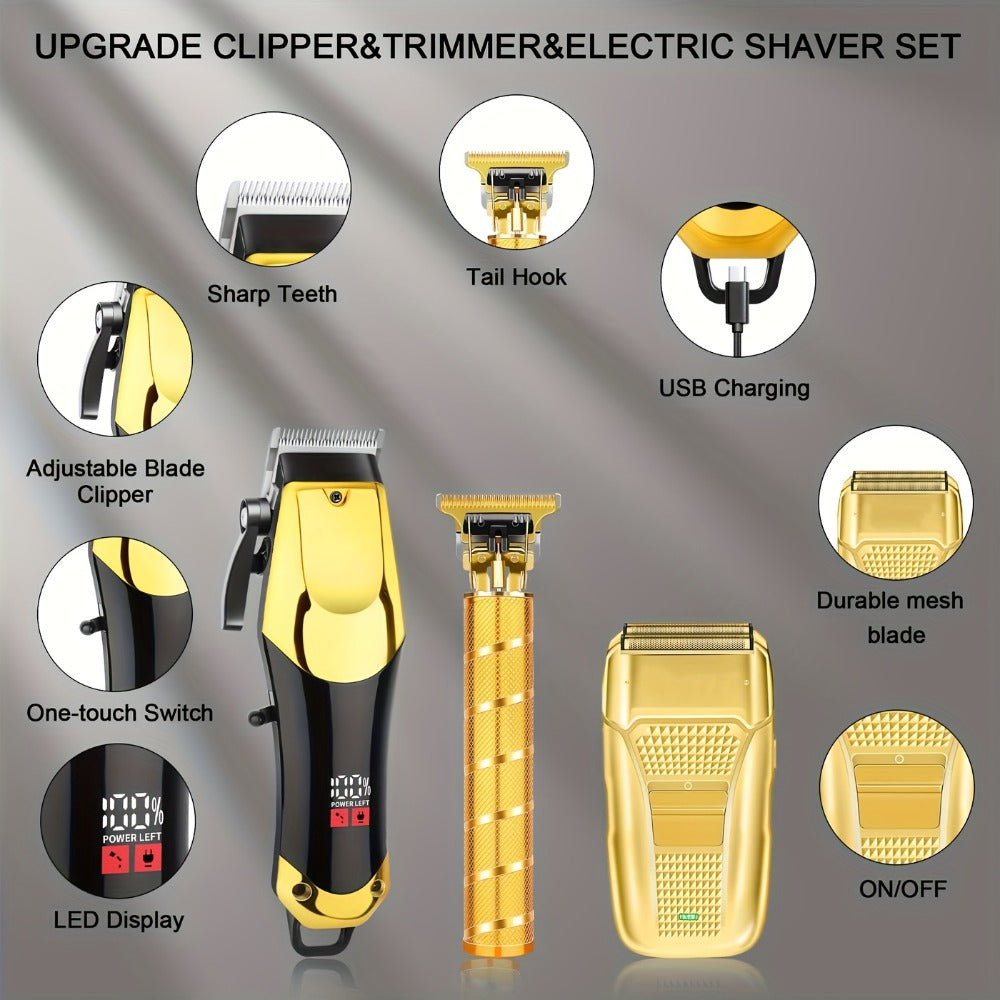 Men's Grooming Kit Hair Clipper Set USB Rechargeable LCD Display - Professional Clipper Razor T-Blade Trimmer 8 Guide Combs & Apron Complete Home Barber Kit Gold Black Gift for Men - product image 2