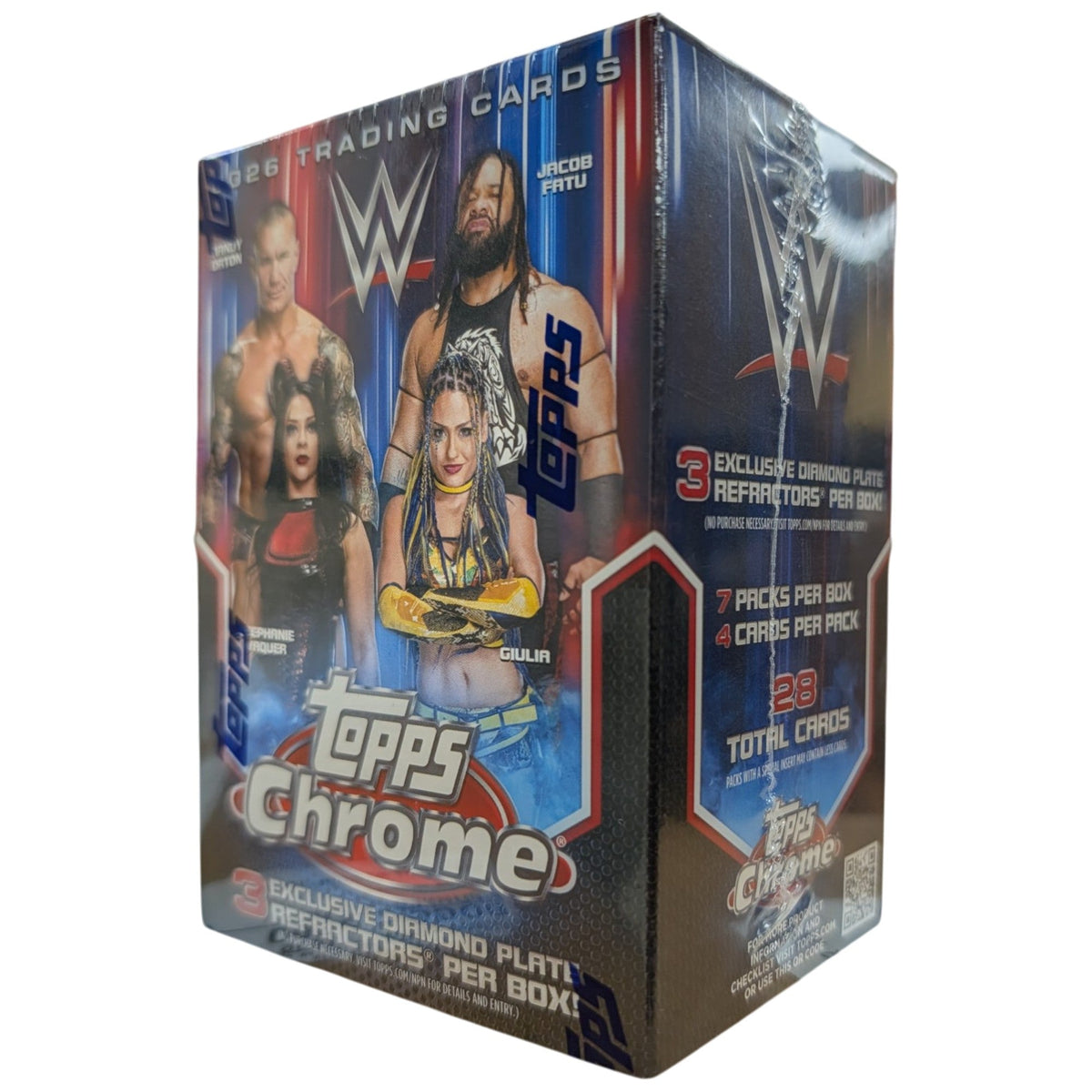 Topps Chrome WWE Blaster Box 2026 | 28 Cards | 3 Diamond Plate Parallels | 7 Inserts | Factory Sealed Trading Card Box | WWE Superstars, Legends & Rookies - product image