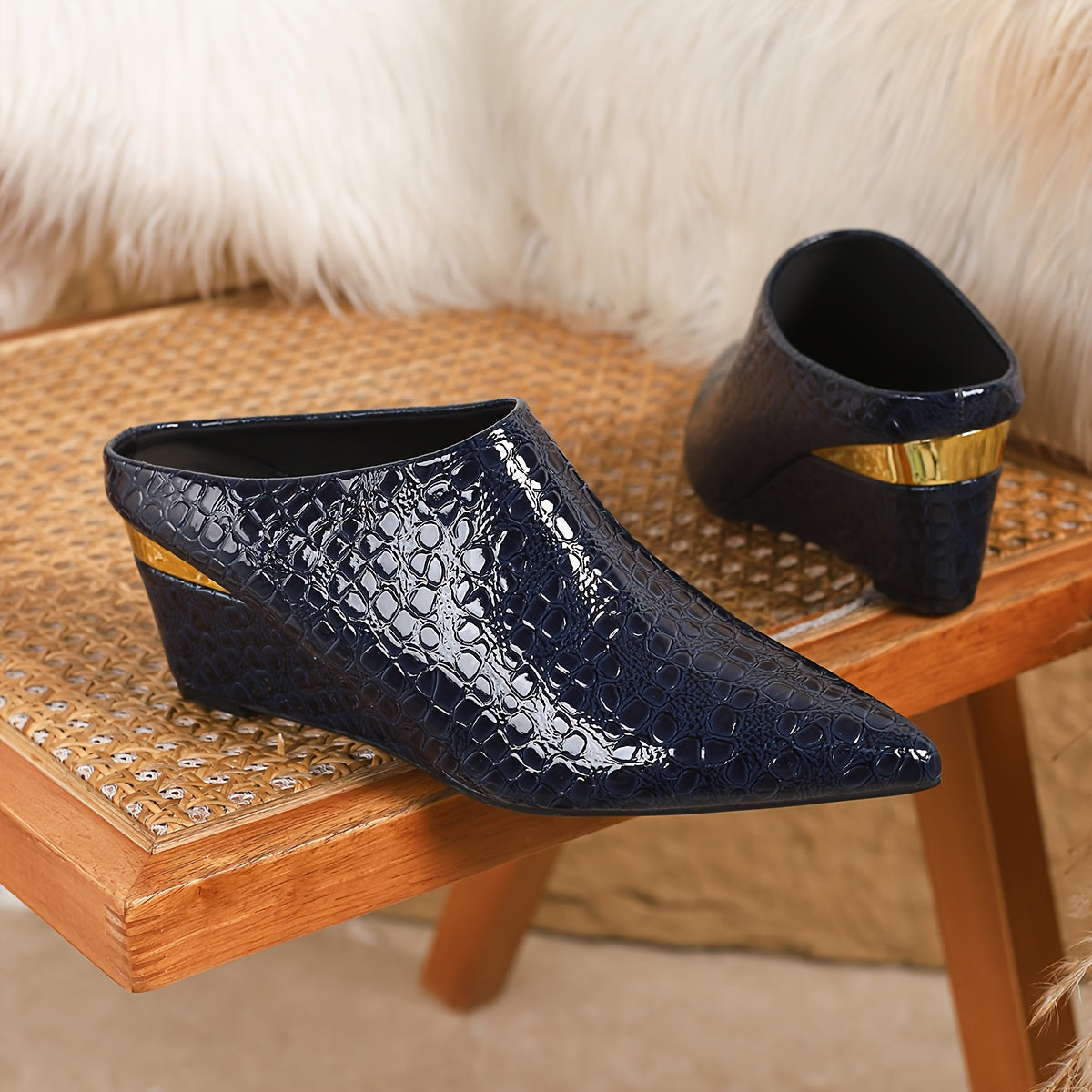 1 Pair Of Wedge , Stone Pattern, Blue And Green Wedge Shoes, Large Size Simple, One Foot Pedal, Pointed Toe Deep Mouth, Four Seasons Shoes, European And American Style, Goddess Shoes, Versatile Large Size Shoes, Wedge , Women'S Shoes