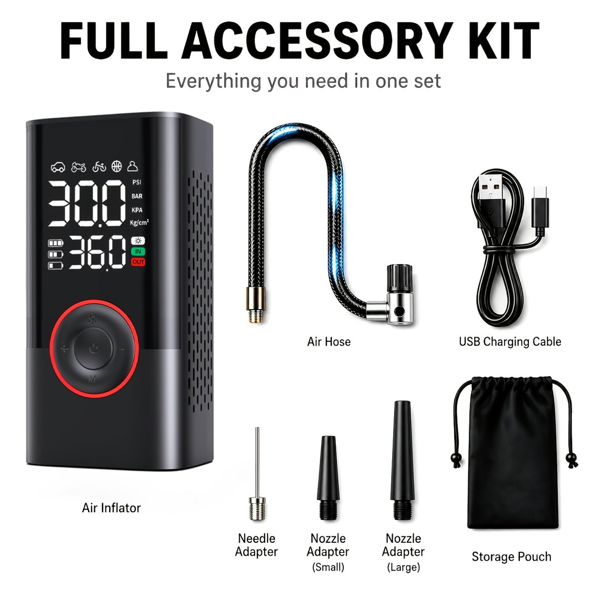 Portable Tire Inflator Air Compressor, Cordless Electric Bike Pump, Portable Tire Inflator with LCD Pressure Gauge and LED Light, Ideal for Cars, Bicycles - product image 4