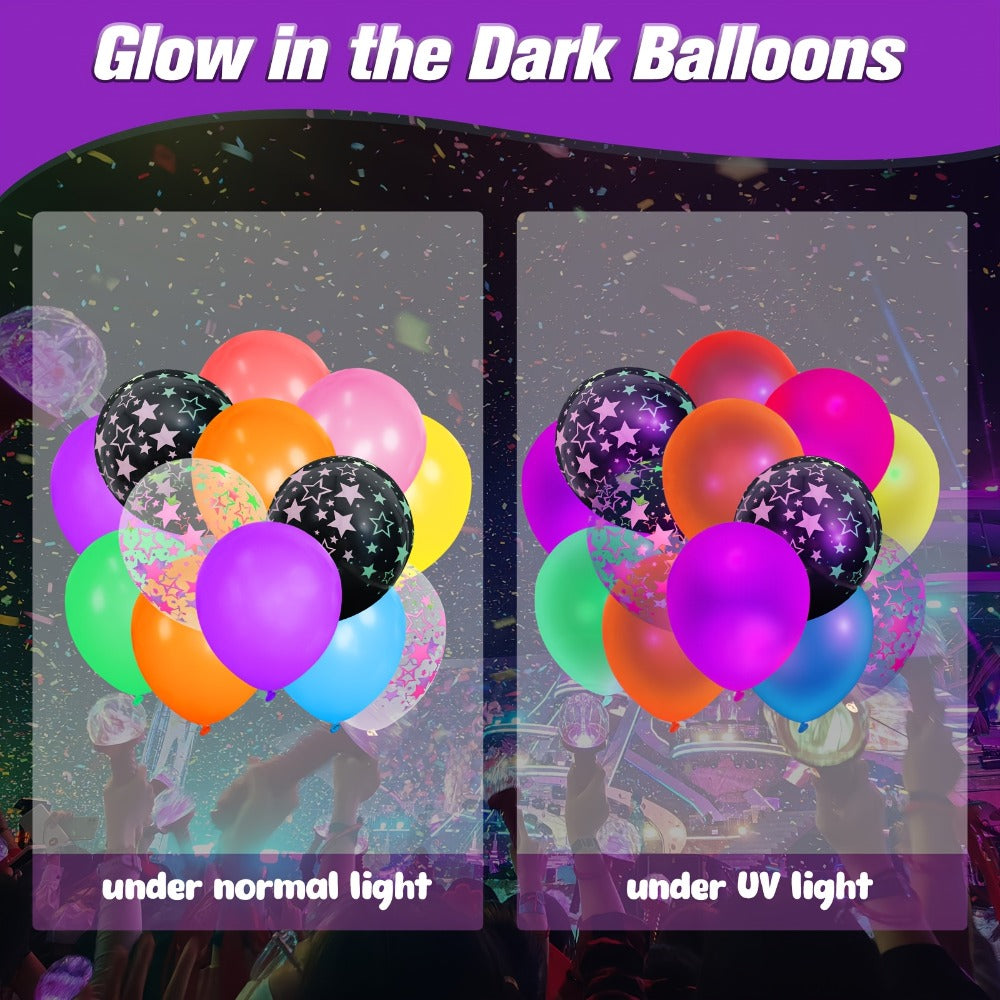 UV Neon Glow Balloons 42 Pcs Assorted | 12 Inch Blacklight Fluorescent Glow in the Dark Balloons with Neon Stars for Glow Party, Birthday, Wedding & Halloween Decorations