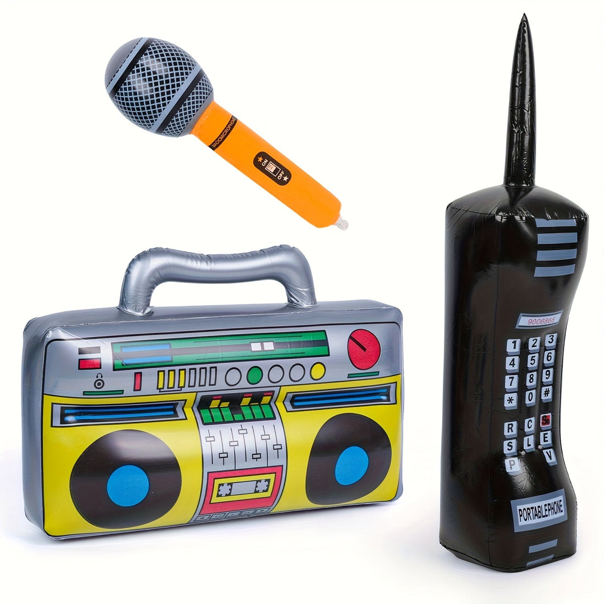 80s Hip Hop Theme Birthday Decorations for Graduation, Back to School, School Dance, DJ & Music Themed Party Supplies – Inflatable Party Props 3 Pcs Blow Up Boombox Microphone & Retro Phone