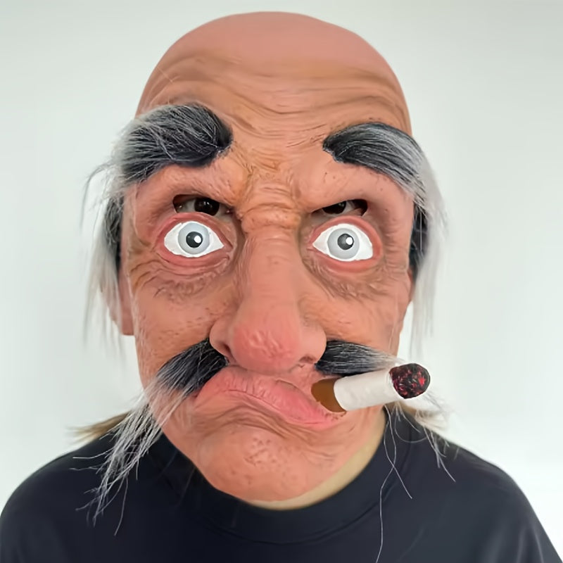 Old Man Grandpa Latex Full Head Mask with Beard | Realistic Smoking Elderly Halloween Costume for Adults Cosplay Theater Pranks Funny Disguise Prop Costume Party