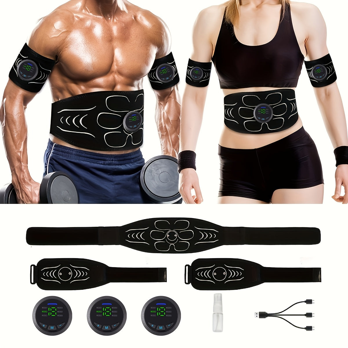 Lithium Battery Powered | EMS Muscle Stimulator 3-Piece Set Rechargeable 6 Modes 18-Level Intensity for Muscle Training, Recovery & Pain Relief