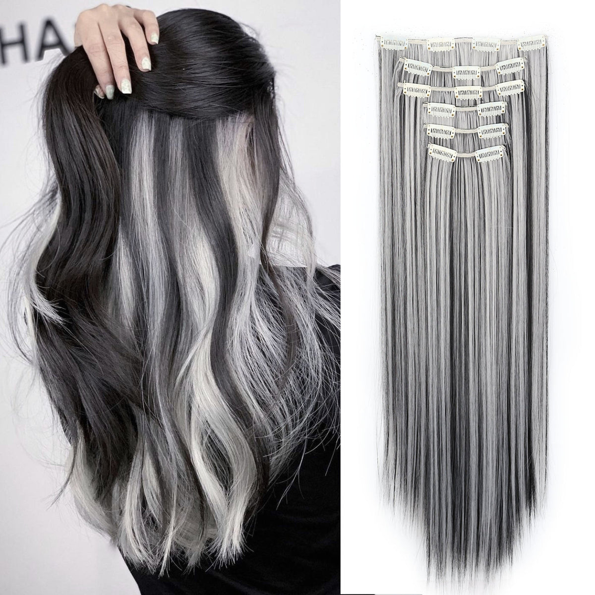 Space Gray Clip In Hair Extensions 6 Piece Set 24 Inch Heat Resistant Synthetic Fiber – Instant Length & Volume for Women | Daily Wear Halloween Costume Cosplay Party Gift - product image 9