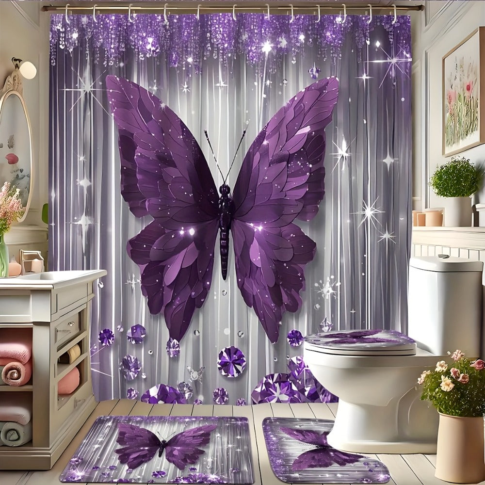Shower Curtain Set Diamond Butterfly Print 70.8x70.8 Inch - 4 Piece Bathroom Set with U-Shape Toilet Seat Cover Non-Slip Rug 12 Hooks Machine Washable | Cyan Purple Pink | All Seas - product image 7
