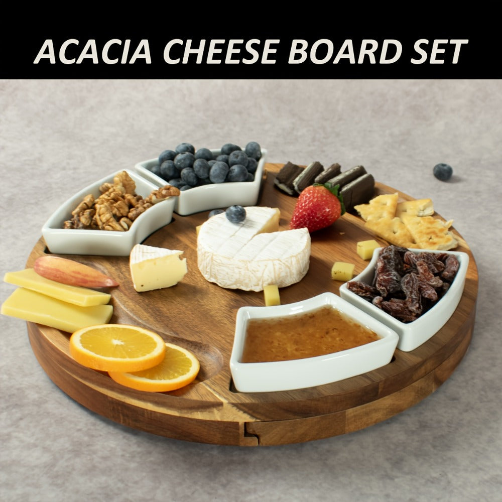 Acacia Wood Charcuterie Board Set Circular Cheese Board with Drawer Knife Set & Ceramic Bowls | Premium Serving Platter Gift Set for Housewarming Bridal Shower Wedding Birthday Wom - product image 2