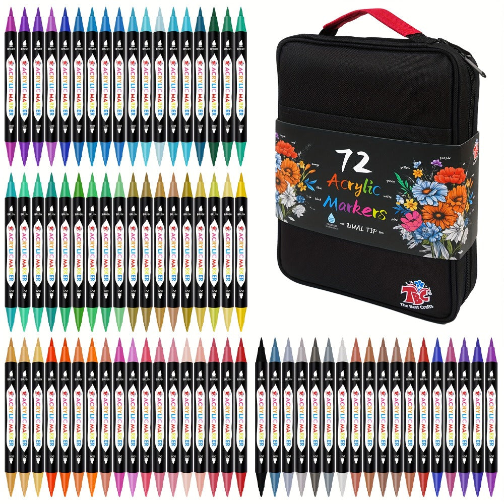 Double Zipper Premium Storage, Non-Toxic Odorless Paint Pens for Canvas Rock Wood Glass Fabric, Artist Gift – Acrylic Paint Markers with Canvas Bag Dual Tip 48 - product image