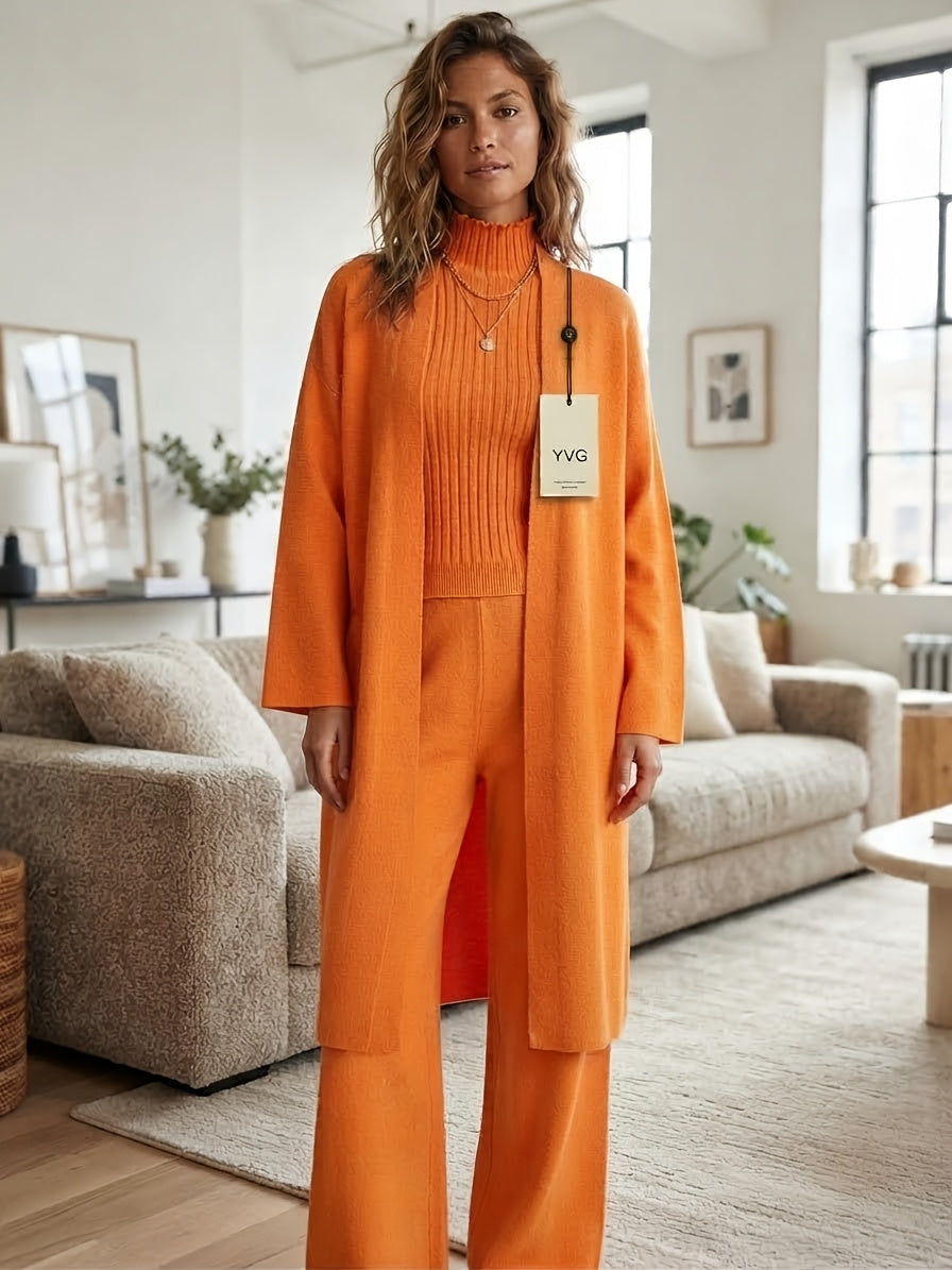 Genuine - Women's Autumn and Winter New Loose Set: Long Wide-Leg Pants + Shawl Cardigan + High-Collar Sweater Vest Fashion Three-Piece Set - product image 12