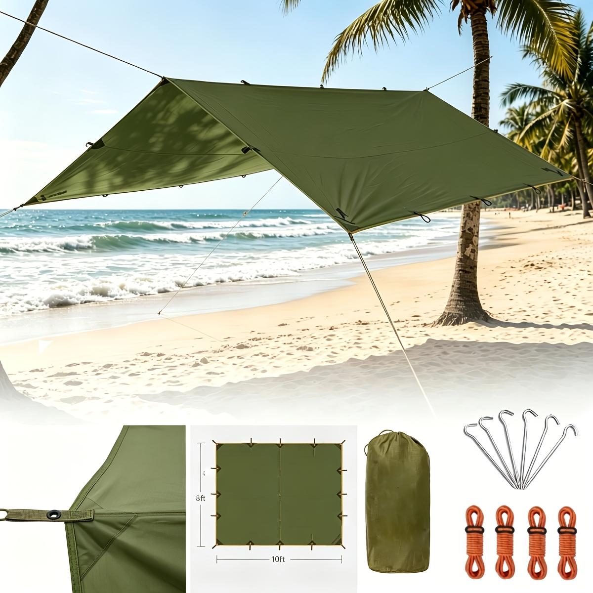 Camping Tarp Canopy with UV Protection – Multiple Colors & Sizes – Portable Collapsible Waterproof Shelter Tent for Backpacking, Hiking, Garden, Outdoor Survival