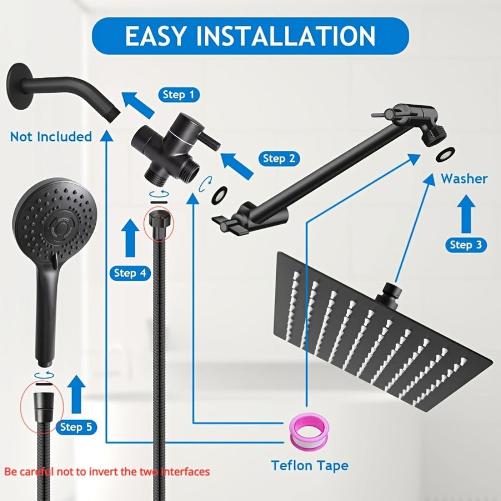 High Pressure Rainfall Shower Head Handheld Combo 4-Spray Modes 10 12 Inch Adjustable Extension Arm 78-Inch Hose Adhesive Holder Wall Mount Chrome Black Bathroom - product image 12