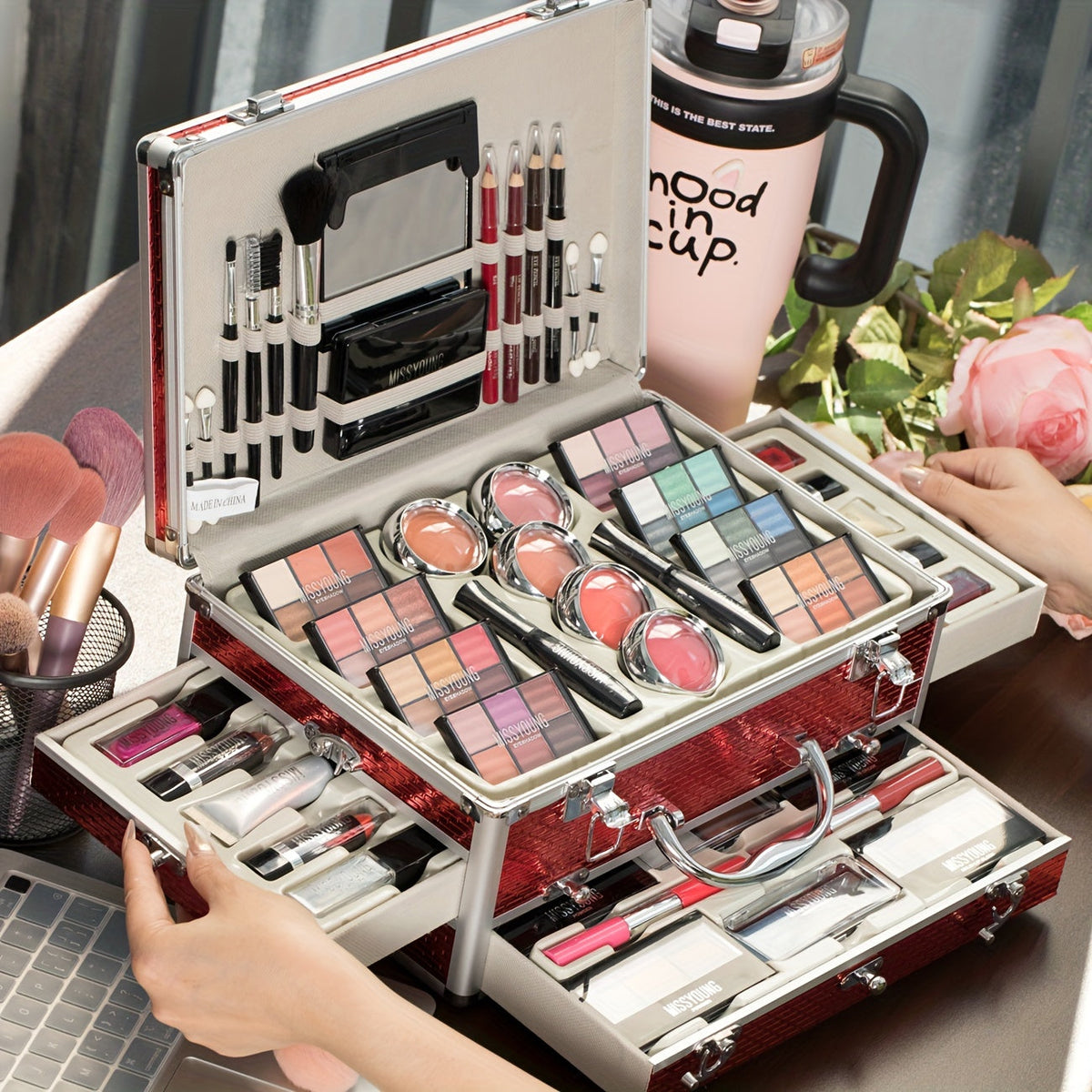 Professional Makeup Kit with Aluminum Travel Case & Mirror – Full Set Eyeshadow Blush Lipstick Foundation Eyeliner Mascara & Brushes, Gift for Women Girls Beginners, Silver & Red - product image