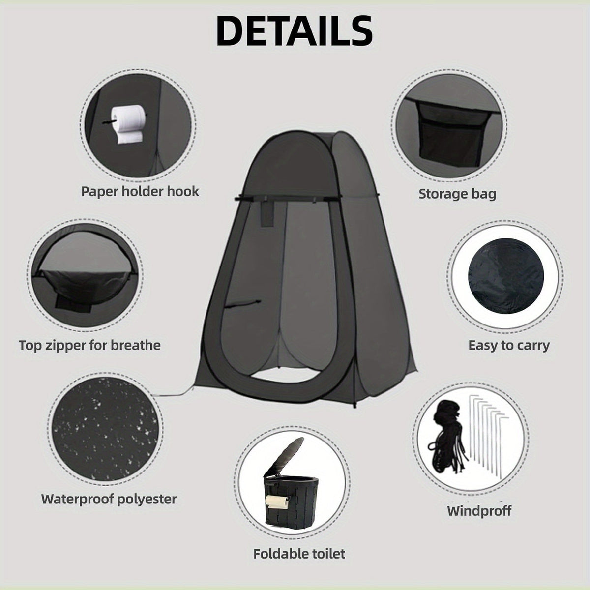 Pop-Up Privacy Tent with Carry-along Camping Toilet for Adults | Ground Stakes & Windproof Ropes for Camping | Foldable Outdoor Shower Changing Potty Tent Kit with 12 Toilet Bags | Hiking | Travel & Picnics
