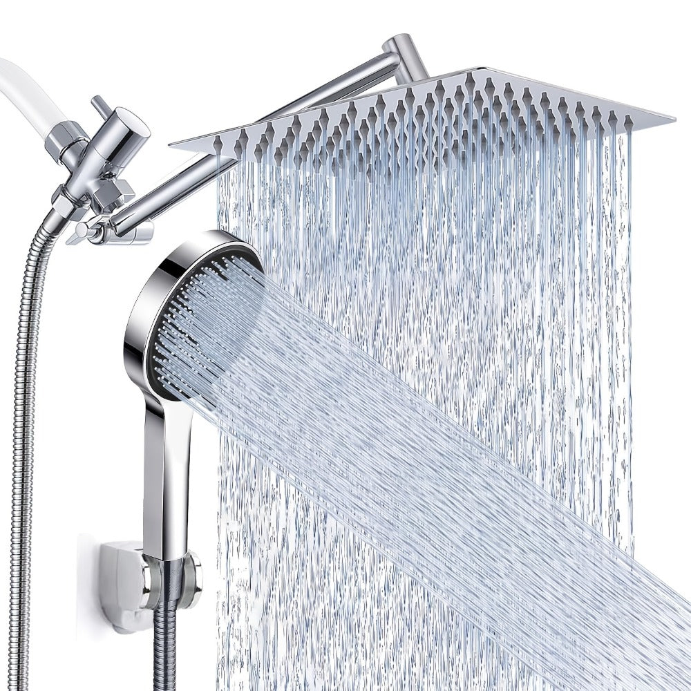 High Pressure Rainfall Handheld Shower Head Combo, 11-Inch Extension Arm, 9 Settings, 180° Adjustable, Anti-Leak with Holder, Chrome & Matte Black, 8/10/12 Inch - product image 2
