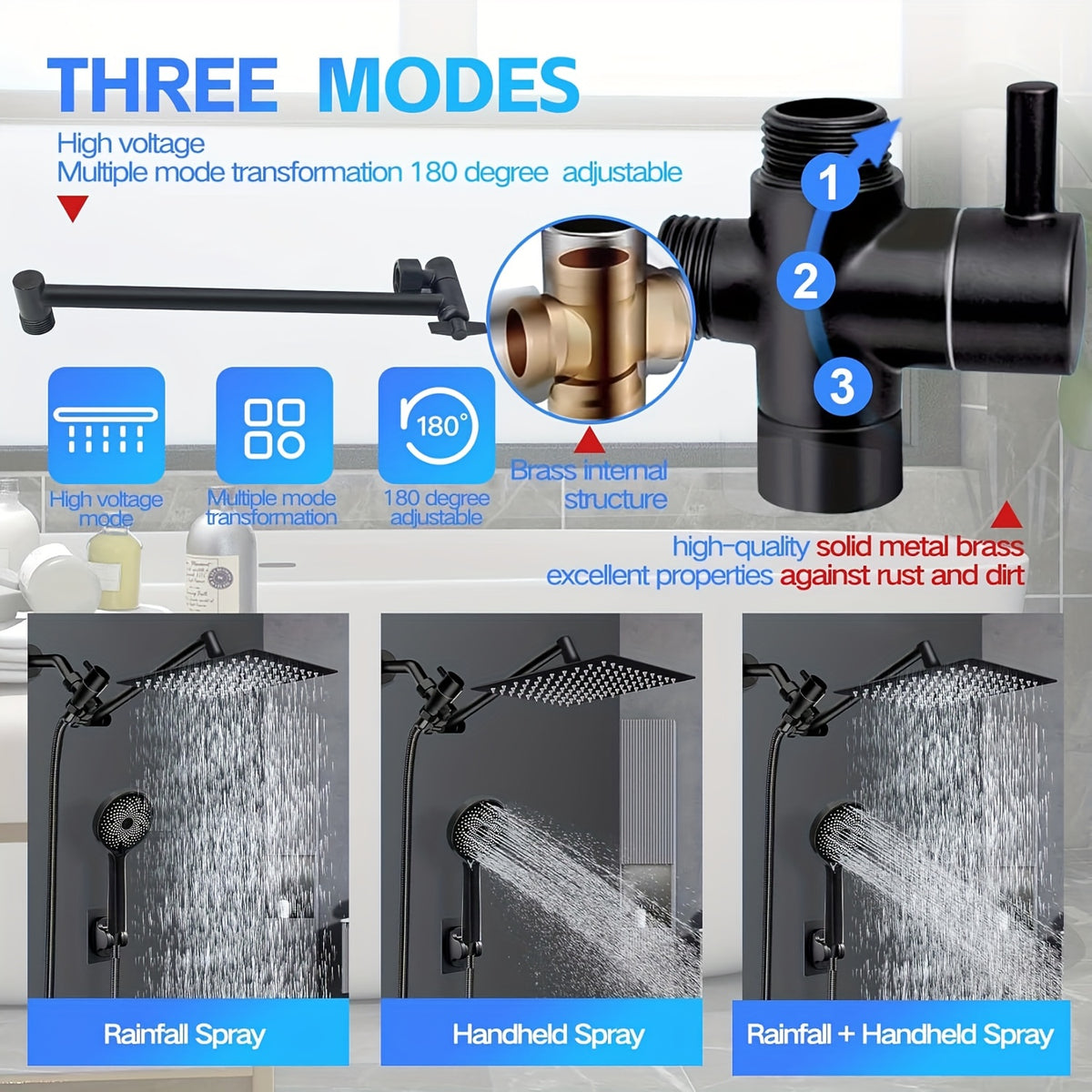 Shower Head, High Pressure Rainfall/Handheld Shower Combo With Extension Arm, 9 Settings, Anti-leak Shower Head With Holder, Height/Angle Adjustable, Chrome - product image 8