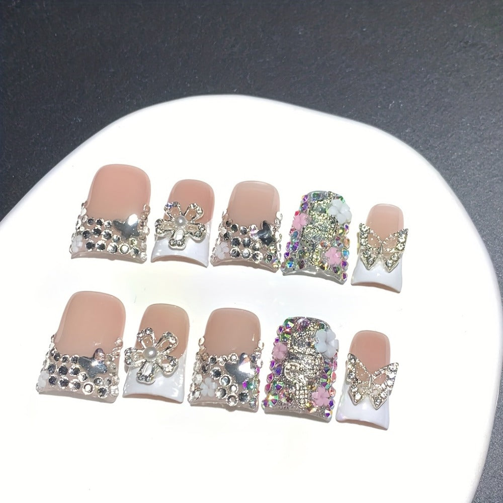 Ugly Cute Duckbill Press On Nails White French Style – Colorful AB Iridescent Floral Full Cover Handmade Acrylic Fake Nails for Daily Use, Parties & Birthday Gifts, 10pcs S/M/L - product image