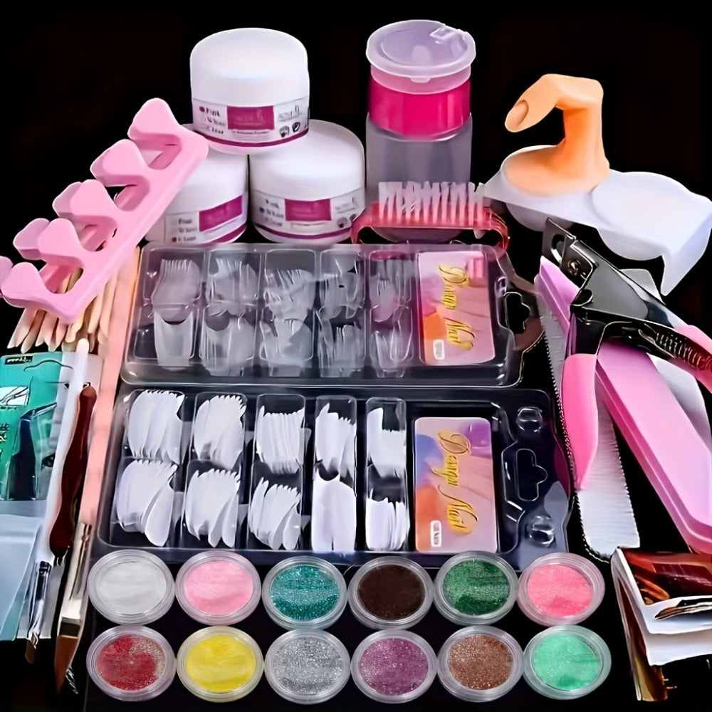 Acrylic Nail Kit 23-in-1 Complete Set with 12 Glitter Colors White & Pink Powder - DIY Nail Extension System No Glue No Liquid Needed for Beginners & Pros, Home Salon Manicure Kit  - product image