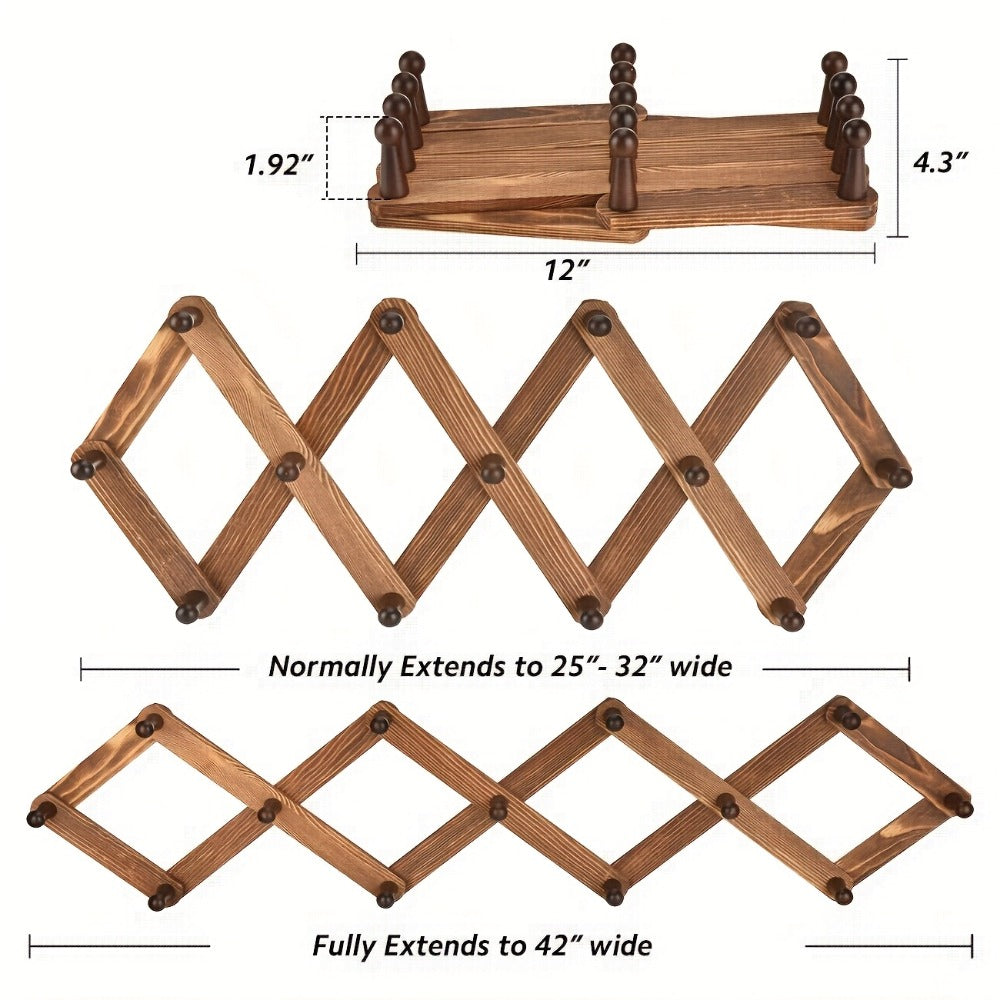 Wall Hat Rack Expandable Wood Accordion Hanger - 13 Hooks for Baseball Caps Coats Scarves Jewelry, Vintage Entryway Hallway Organizer - product image 2